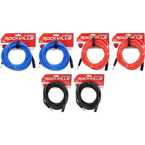 6 Rockville 30' Male REAN XLR to 1/4'' TRS Cable (3 Colors x 2 of Each)