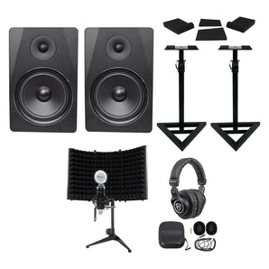 2) Rockville DPM8B 8" Active Studio Monitors+Stands+Headphones+Mic+Shield