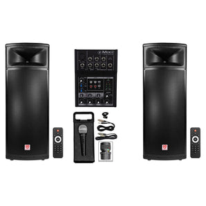 2) Rockville BPA225 Dual 15" Powered DJ PA Speakers w Bluetooth Bundle with Mackie Mixer & Mic