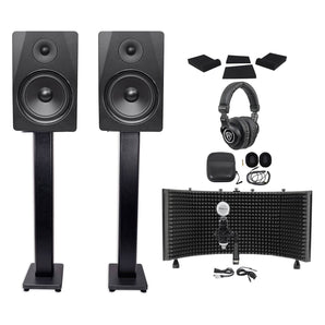 Pair Rockville DPM8B 8" 600w Studio Monitors+36" Stands+Headphones+Mic+Shield