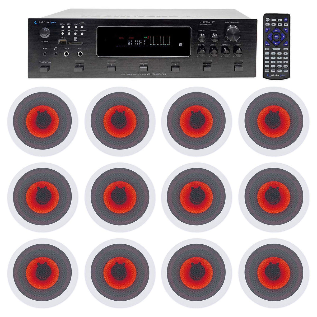 H12X500UBT 6-Zone Receiver + (12) 6.5 In Ceiling Speakers With Red LED