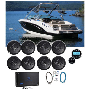 (8) Rockville RSM65B 6.5" Slim Marine Boat Speakers+6-Ch Amp+Bluetooth Receiver