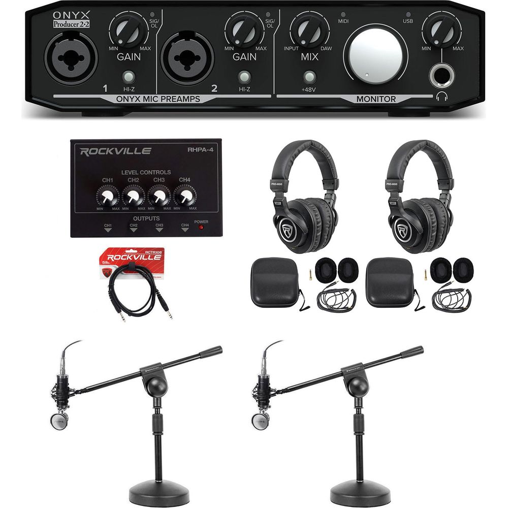 Podcast Bundle with Interface, Two Mics, Two Headphones, Amp and Stands