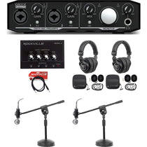 Podcast Bundle with Interface, Two Mics, Two Headphones, Amp and Stands