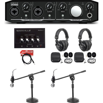 Podcast Bundle with Interface, Two Mics, Two Headphones, Amp and Stands