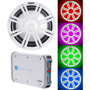 KICKER 45KMF104 10" Free Air Marine Subwoofer Sub+Amplifier+White Grille w/LED's