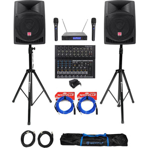 (2) Rockville 12" 1600w Active PA/DJ Speakers+Mackie Mixer+Mic+Stands+Cables+Bag