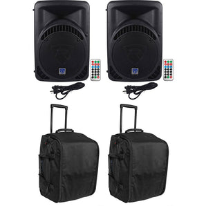 2 Rockville RPG12BT 12" Powered Bluetooth DJ Wireless Link Speakers+Rolling Bags