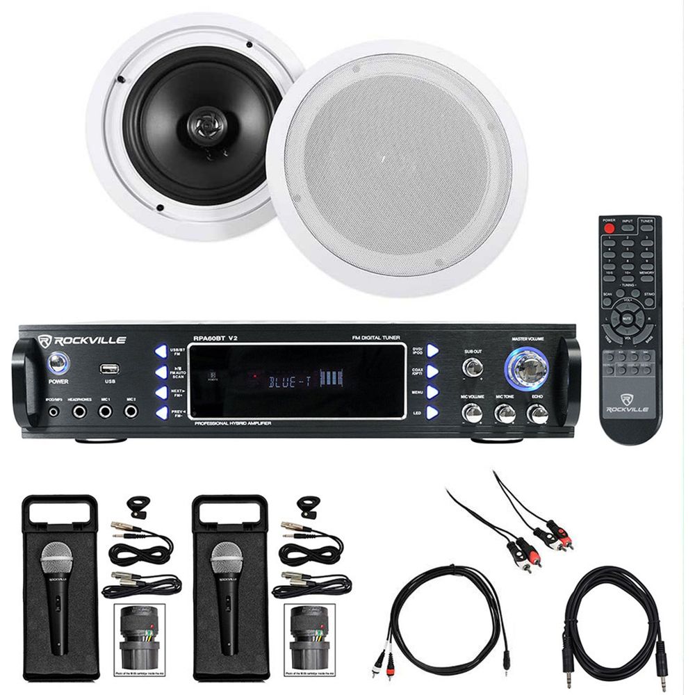 Karaoke Bluetooth Amp/Mixer+(2) 8" Ceiling Speakers+(2) Microphones
