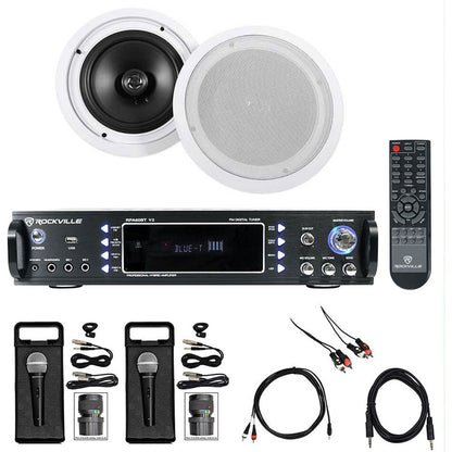 Karaoke Bluetooth Amp/Mixer+(2) 8" Ceiling Speakers+(2) Microphones