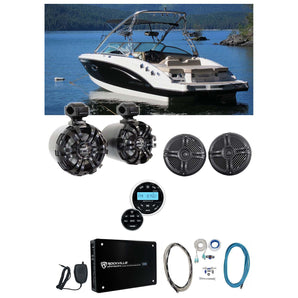 Rockville 6.5" Swivel Black Marine Wakeboard+Coaxial Speakers+Receiver+Amp+Wires