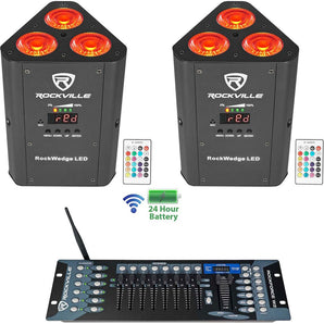 (2) Rockville RockWedge LED Battery Powered Par Lights+Wireless DMX Controller