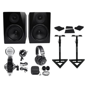 2) Rockville APM6B 6.5" 350w Powered Studio Monitors+Stands+Pads+Headphones+Mic