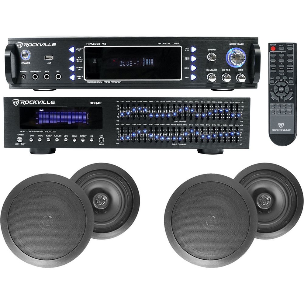 Home Theater Bluetooth Receiver+Equalizer EQ+(4) 8" Black Ceiling Speakers