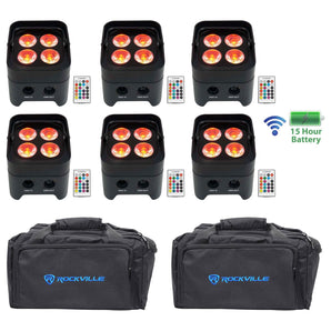 (6) Rockville BEST PAR 50 Rechargeable Par Wash Lights Wireless DMX+RGBWA+UV+Bag