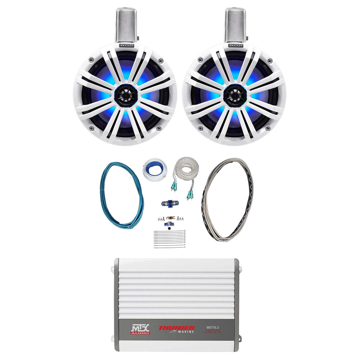 45KMTC8W 8" 600W Marine Wakeboard LED Tower Speakers + WET75.2 Amplifier + RMWK8 Wire Kit