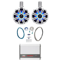 45KMTC8W 8" 600W Marine Wakeboard LED Tower Speakers + WET75.2 Amplifier + RMWK8 Wire Kit