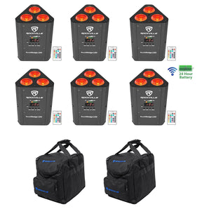 6) Rockville RockWedge LED RGBWA+UV Rechargeable Battery Wireless DMX Lights+Bag