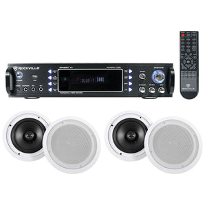 Rockville RPA60BT Home Theater Bluetooth Receiver + (4) 8" In-Ceiling Speakers