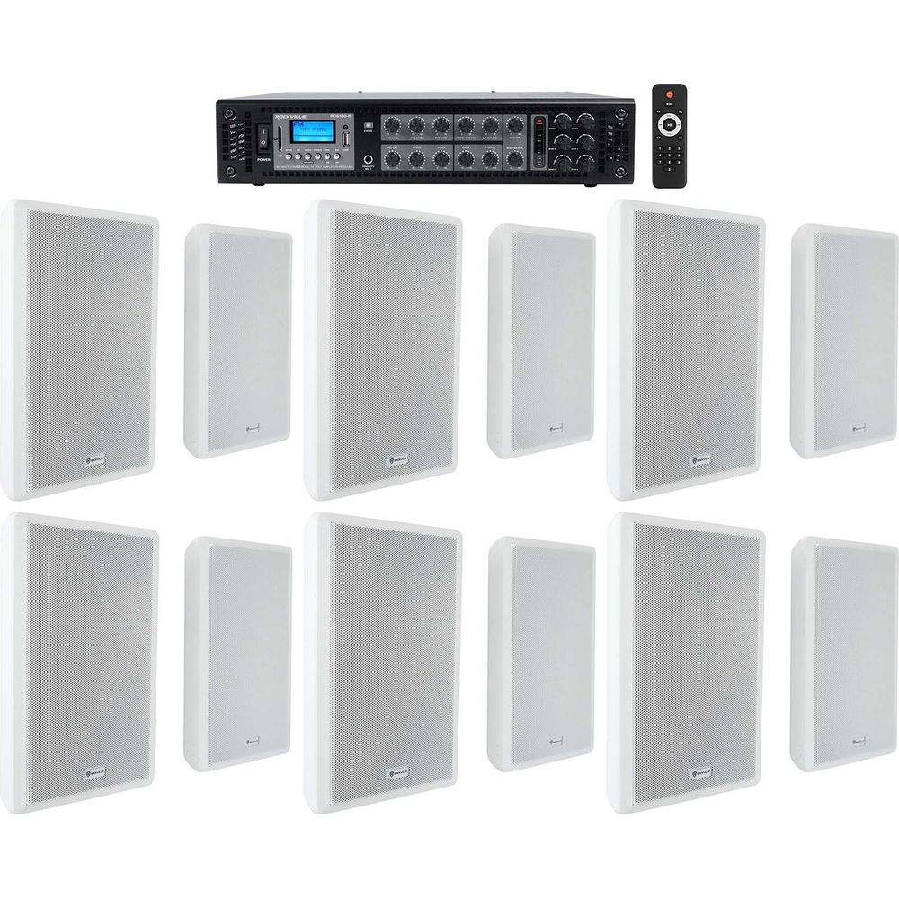 6-Zone 70V Amplifier + (12) Slim White Restaurant/Bar/Cafe Wall Speakers