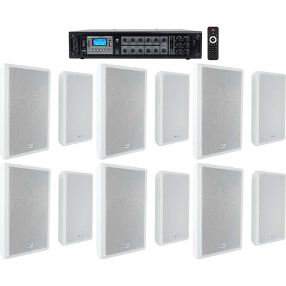 6-Zone 70V Amplifier + (12) Slim White Restaurant/Bar/Cafe Wall Speakers
