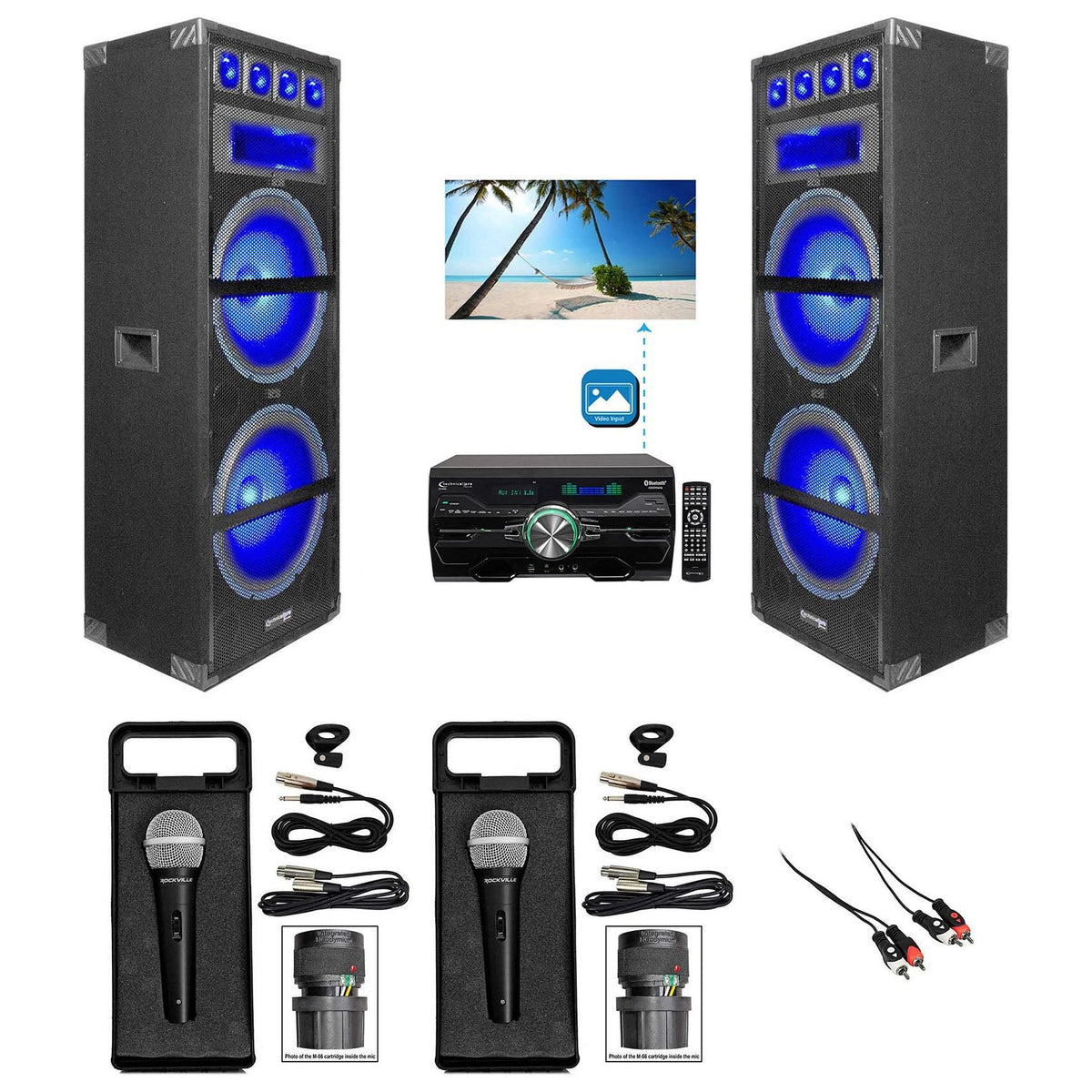 (2) VRTX215LED Dual 15" 1800W LED Karaoke Speakers w/Receiver & (2) Microphones