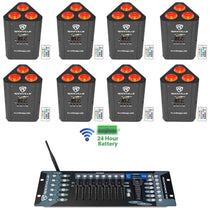 (8) RockWedge LED Battery Powered Par Lights+Wireless DMX Controller