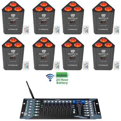 (8) RockWedge LED Battery Powered Par Lights+Wireless DMX Controller