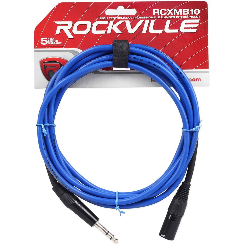 3 10' Male XLR to 1/4" TRS Cables 100% Copper (Black, Blue, and Red)