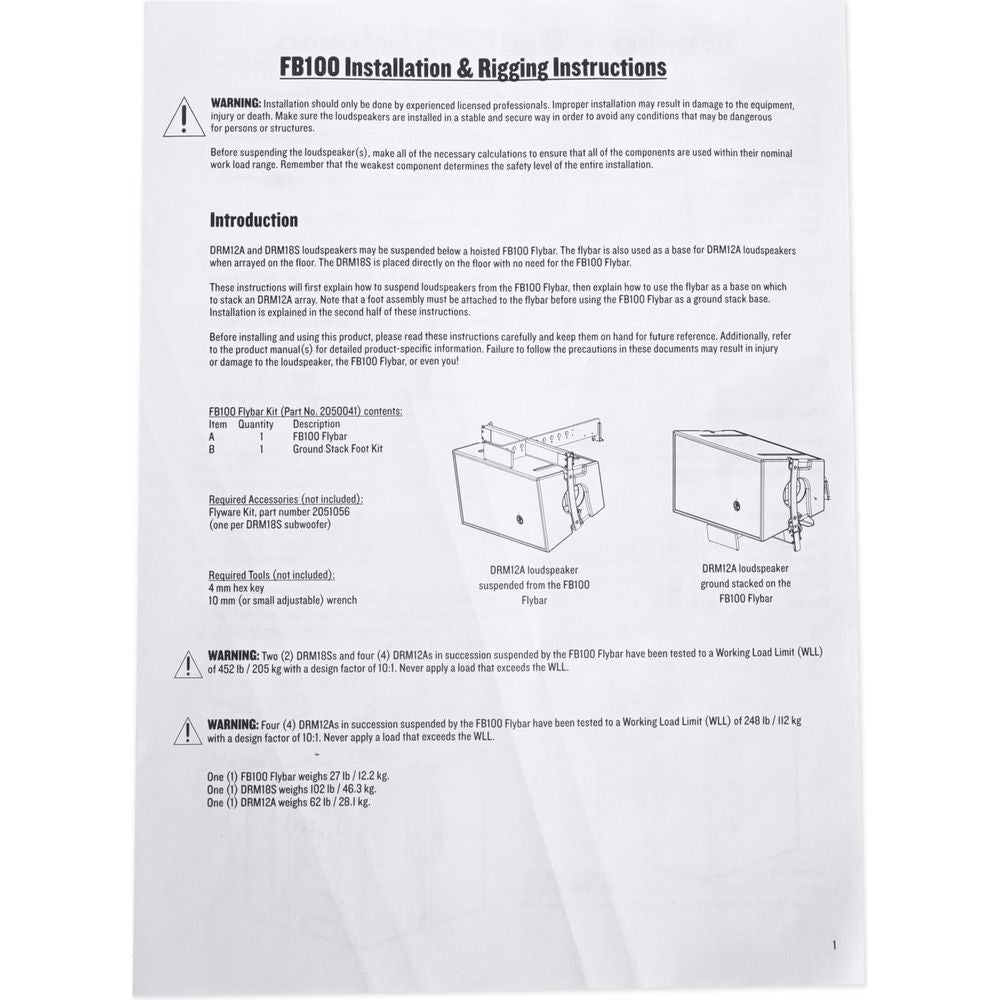 FB100 Flybar+Flyware Kit For DRM12A, DRM12A-P Speakers+DRM18S, DRM18S-P