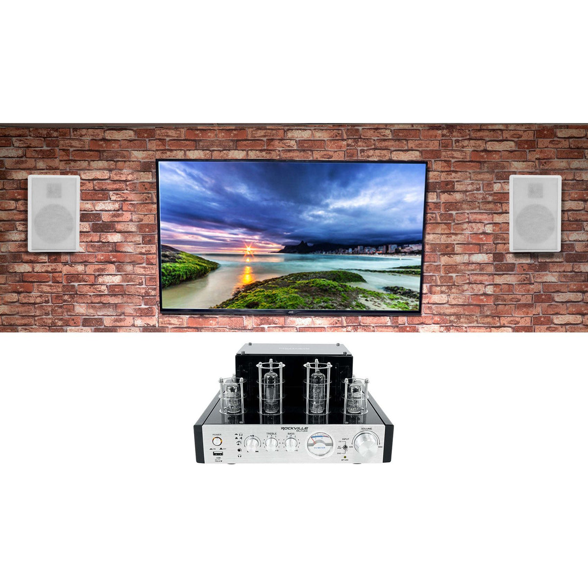 BluTube Tube Amplifier/Home Theater Receiver + 2 Wall Speakers in White
