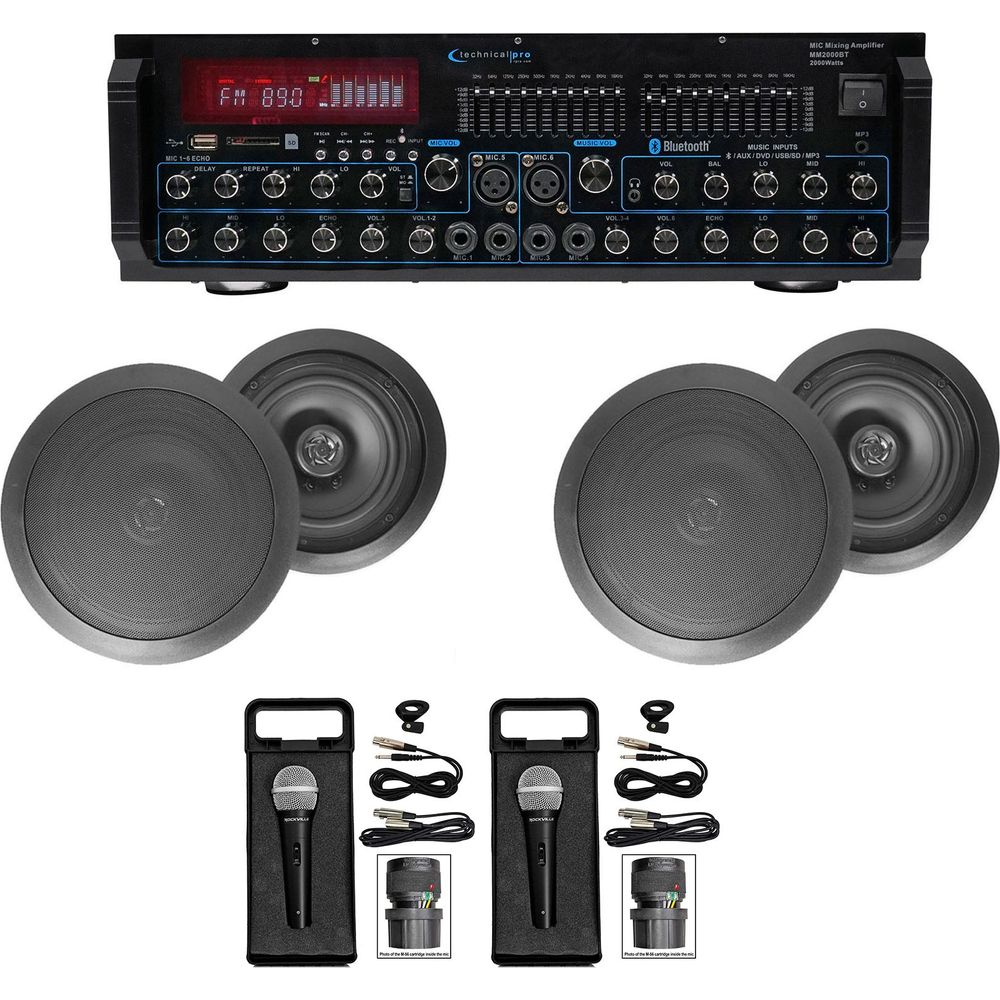 MM2000BT Bluetooth Karaoke Mixer System + (4) 6.5" Black Ceiling Speakers