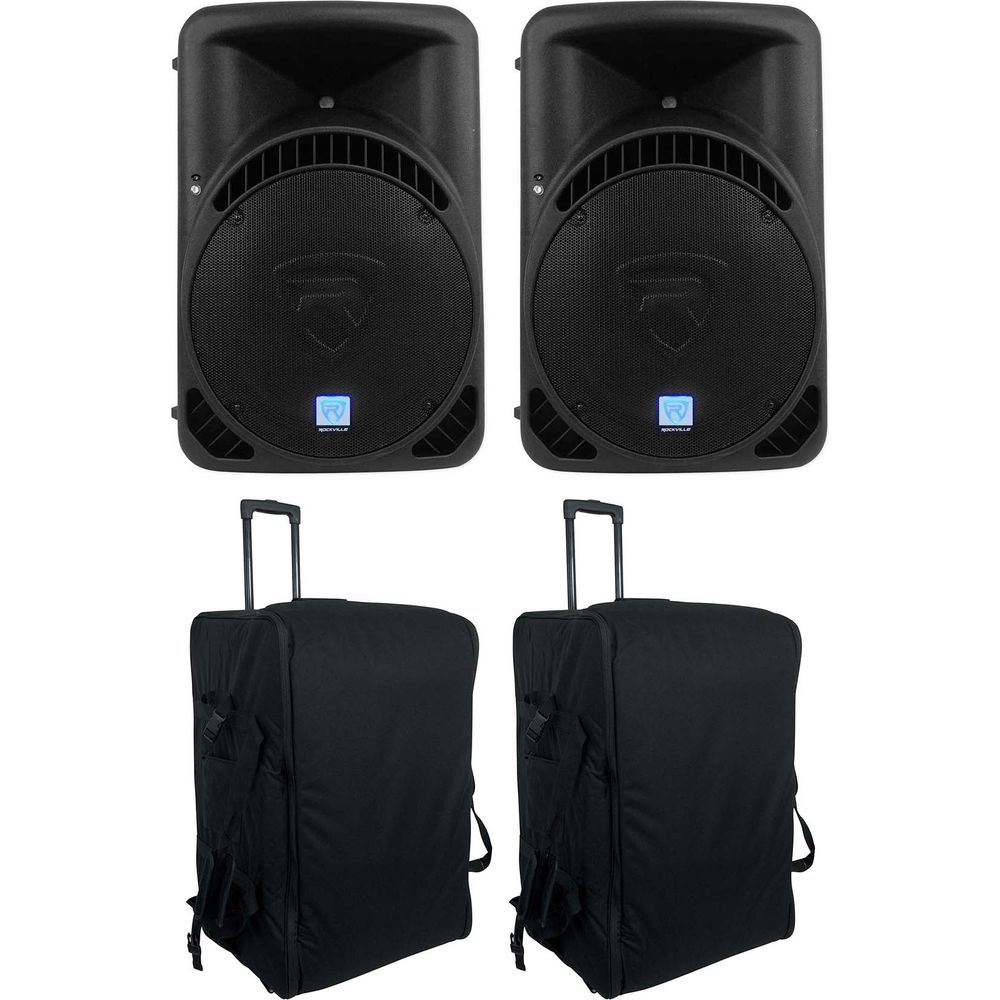 2 RPG15BT 15" Powered Bluetooth DJ Wireless Link Speakers+Rolling Bags