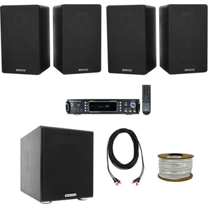 Rockville Bluetooth Home Receiver+(4) 5.25" Bookshelf Speakers+8" Subwoofer Sub + Rockville R14GSBR100 Red/Blk 14 Gauge 100' Ft. Mini Spool Car Audio Speaker Wire