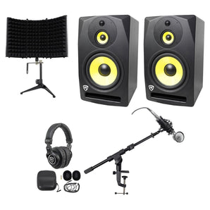 (2) Rockville DPM10B 10" 800w Active Studio Monitors+Headphones+Mic+Shield and Stand