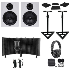 2) Rockville APM5W 5.25" Active Studio Monitors+Stands+Mic+Headphones+Iso Shield