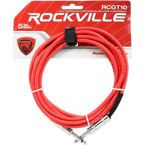 Rockville RCGT10R 10' 1/4'' TS to 1/4'' TS Instrument Cable-Red 100% Copper