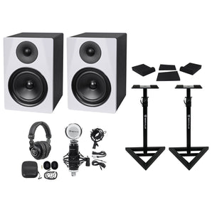 (2) Rockville DPM6W 6.5 inch 420w Dual Active Studio Monitors+Stands+Headphones and Mic