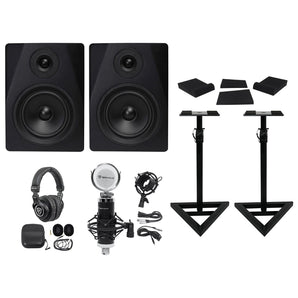 (2) Rockville DPM5B 5.25" 300w Dual Active Studio Monitors+Stands+Headphones+Mic