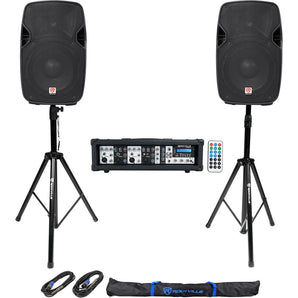 (2) Rockville SPGN104 10" 800W DJ PA Speakers+Powered 4-Ch. Mixer+Stands+Cables