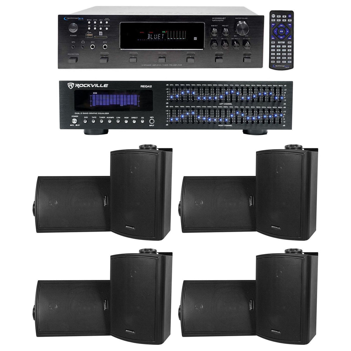 6-Zone Receiver with (4) Pairs of Black 5.25" Indoor/Outdoor Speakers, Commercial Package