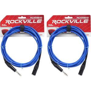 2 Rockville RCXMB10-BL Blue 10' Male REAN XLR to 1/4'' TRS Balanced Cables