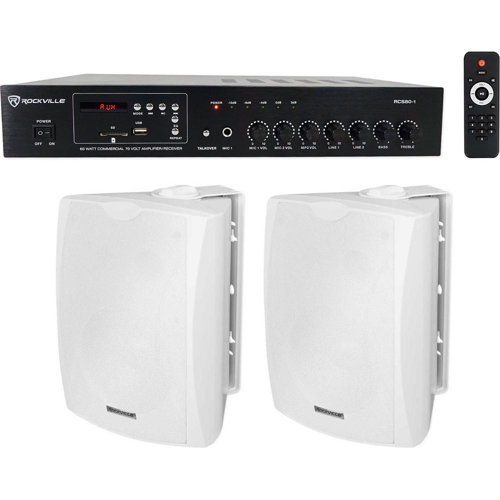 Commercial Amplifier + (2) White 6.5" Indoor/Outdoor Wall Speakers