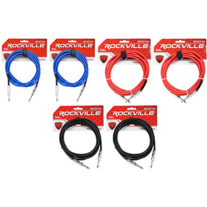 6 Rockville 10' 1/4" TS-1/4'' TS Guitar/Instrument Cable (3 Colors x2 of each)