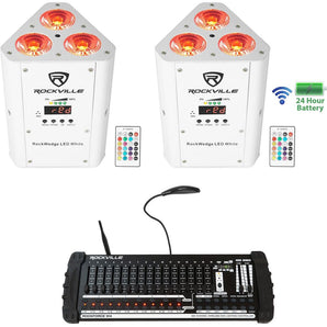 (2) Rockville RockWedge White LED Battery Lights+384 Ch. Wireless DMX Controller