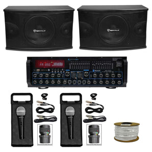 2) Rockville 10" 3-Way 1200w Karaoke Speakers+Bluetooth Amplifier Mixer+2) Mics