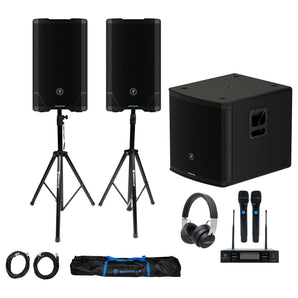 (2) Mackie SRT212 12” 1600 Watt Powered DJ PA Speakers+Stands+Sub+Headphones+Mic