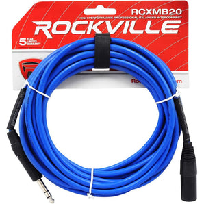 Rockville RCXMB20BL 20' Male REAN XLR to 1/4'' TRS Cable Blue 100% Copper