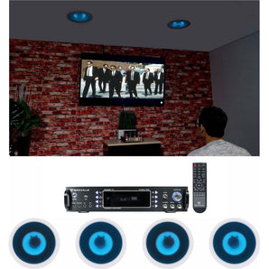 Rockville Home Theater Bluetooth Receiver+(4) In-Ceiling 8" Blue LED Speakers