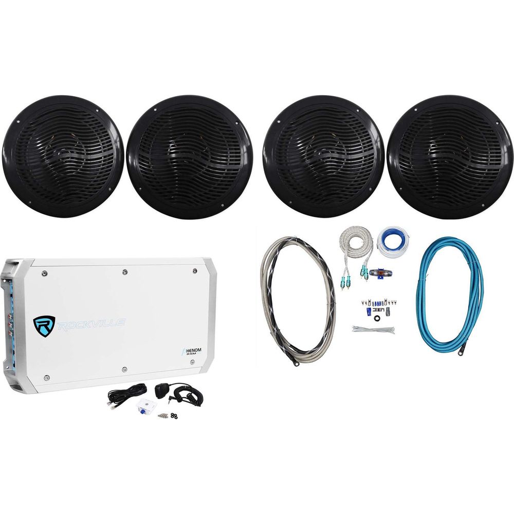 (4) RMC80B 8" 1600W Marine Speakers + RXM-S6 6-Ch Amplifier + Wire Kit + RCA Cables